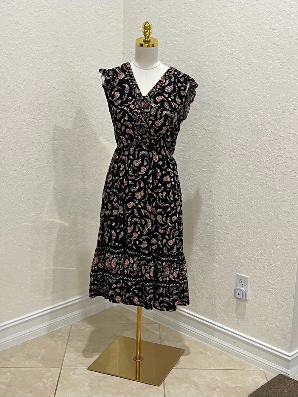Old Navy Black Paisley Midi Dress with Pink Accents